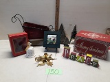 Christmas Décor Lot, Sleight, Wooden Trees, Brass Candle Holder and more