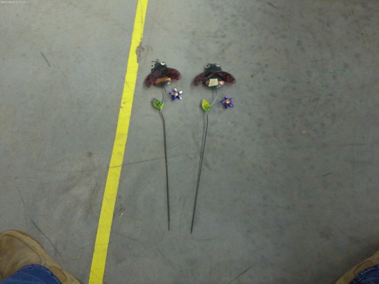 ladybug garden stakes, two hand painted metal with glass wings 21in long