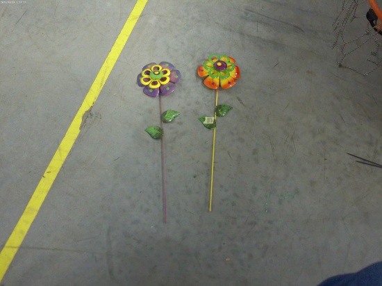 metal flower garden stakes, two hand painted 20in long