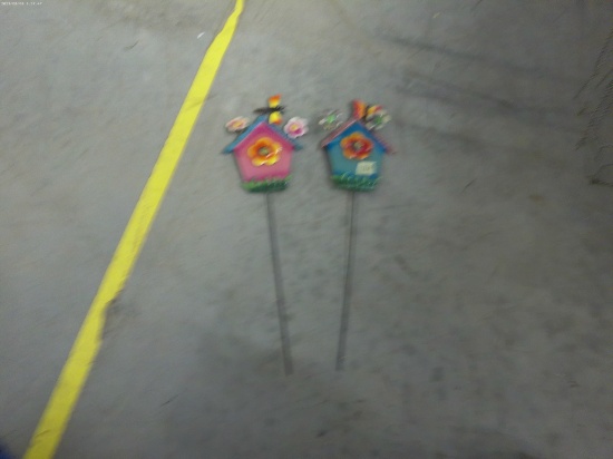 metal birdhouse garden stakes, two one with a butterfly and one with a dragonfly 20in long both hand