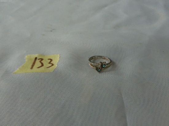 sterling ring, size 5.75 with two green and purple heart stones 2.0g