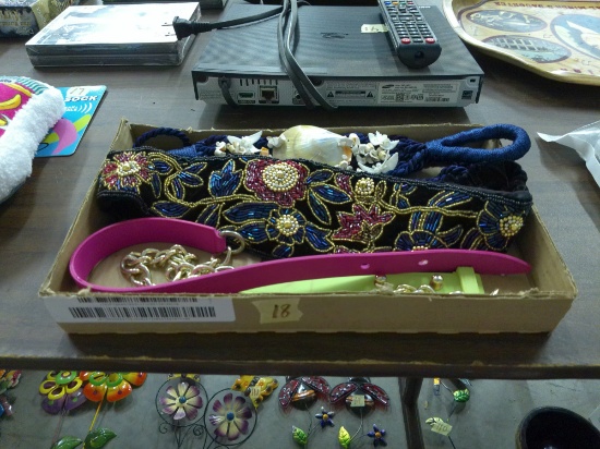 fashion belts, ladies vintage belts one with sea shells, one with floral bead work and a 80s retro s