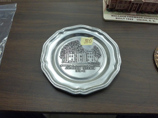 anderson college pewter plate, by wilton columbia, p.a. usa 7in across