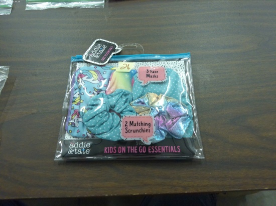 designer mask and scrunchies, 5 piece set for kids with unicorn design set by addie and tate