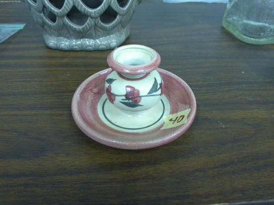 pottery, floral designed candle holder 3in tall handmade