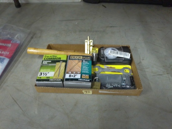 shop lot, nails and screws, various locks and latches, a electric timer and Specialty Hammer