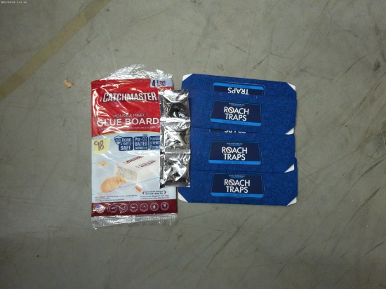 pest control, large catchmaster glue boards and 3 roach traps with bait blocks