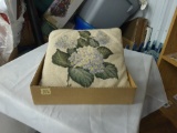 needlepoint throw pillow, vintage with purple hydrangea design 12in sq