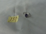 fashion ring, size 6.5 silver plated ring with large purple stone and two smaller clear stones