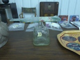 art glass, handmade bottle tray uses old liqour bottles 7in tall and 12in long