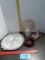Vintage Glass Lot, Pink Platter, Divided Serving Tray w/metal vase and more