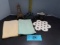 Misc Lot, Easel, Trinket Box, Creamer, Doily, Embroidered Napkins