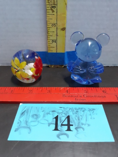 Glass Paper Weight and vintage blue art glass Bear