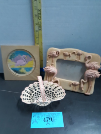 Misc Lot, Flamingo Print and photo frame, basket