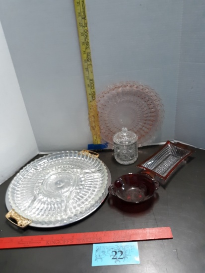 Vintage Glass Lot, Pink Platter, Divided Serving Tray w/metal vase and more