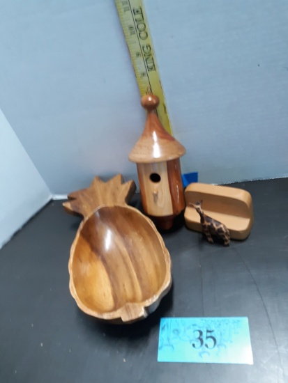 Wooden Pineapple Bowl, Cedar Wood Bird House, Wooden Shelf Sitter w/Giraffe (Kenya)