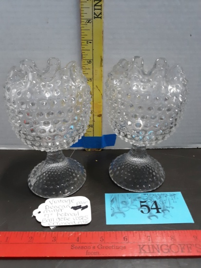 Vintage Pair Duncan Miller 7" Hobnail Ball Globe Vases Crimped Edges