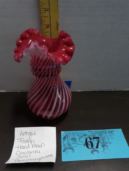 Vintage Fenton Handblown Cranberry Swirl Opalescent Ruffle Vase