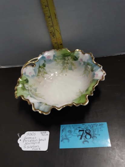 Vintage 1930's German Porcelain Bowl Scalloped, Silessien Mark