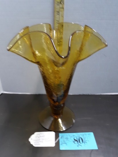 Vintage MCM Fluted Hand Blown Crackle Glass Vase