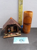 Hand Carved Bamboo Tiki Cup, Vintage Togglili German Thermometer Weather House