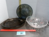 Serving Dishes, Federal Glass Smoke Carnival Plate, Mikasa Frosted Bowl, Pyrex Platter