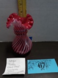 Vintage Fenton Handblown Cranberry Swirl Opalescent Ruffle Vase