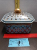 Decorative lidded box, ceramic , geometric pattern and a gold-colored finial