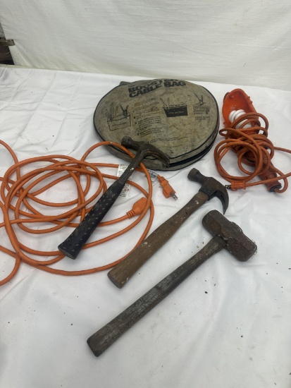 Box Lot/Hammers, Jumper Cables, Extension Cord, ETC