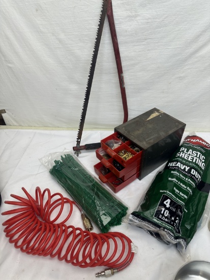 Box Lot/Misc Tools, Bow Saw, Air Hose, Sheeting, ETC