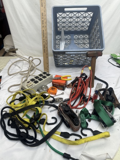 Crate Full of Misc Tools, Ratchet Straps, Bungees