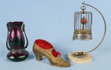 Loetz Vase, Bird Cage Clock, & Shoe Pin Cushion