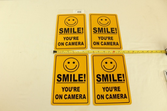 4 Aluminum "Smile! You're On Camera" Signs 6.75" Wide x 10"