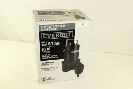 Everbilt 6/10 HP Heavy Duty Cast Iron Sewage Pump.  New!