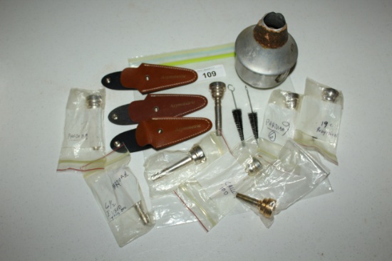 8 Mouth Pieces for Trumpet or Cornet, Holders and Brushes