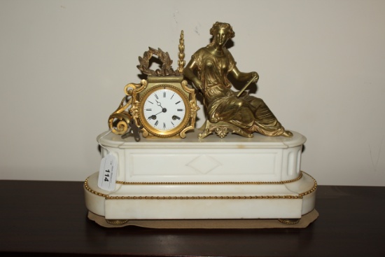 White Marble Mantle Clock w/Brass Clock Case & Figurine w/Key