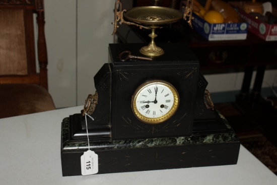 Black Marble Mantle Clock w/Brass Features w/Key