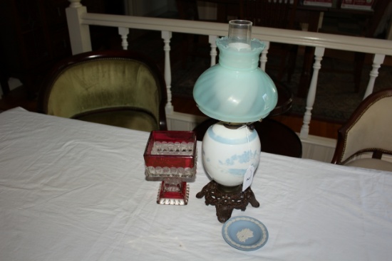 Brass Base Globe Lamp w/Blue Scene, Candy Dish, Small Plate