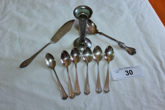 Sterling Lot - 6 Small Spoons, Bud Vase, Butter Knives, Serving Spoon