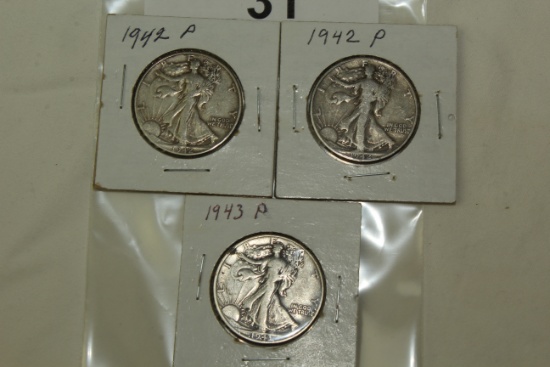 2- 1942 and 1- 1943 Walking Liberty Half Dollars