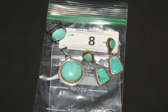 Silver Ring, Pendant and Set of Earrings w/Turquoise. 925.