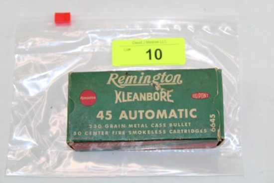 Vintage Box of 50 Rounds of Remington Kleanbore .45 Auto. Ammo