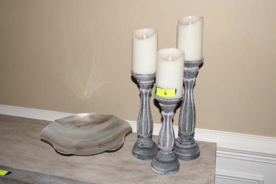 (3) Battery Powered Candles with Holders and Bowl