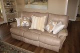 Tan Leather Style Reclining Sofa with Throw Pillows