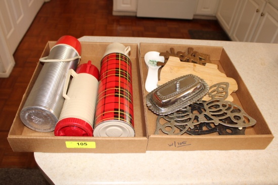 2 Box Lots- 3 Vintage Thermos, Trivets, Butter Dish