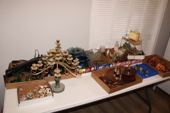 9 Box Lots of Décor Glassware, Wooden Trays, Candelabra