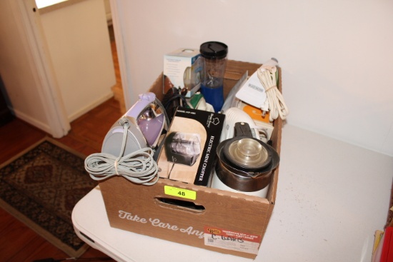 Large Box of Small Appliances - Irons, Tea Pot, Mixer, Etc..