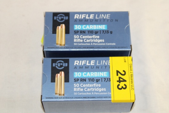 100 Rounds of PPU 30 Carbine 110 Gr. SP RN Ammo