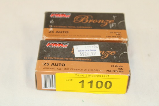 100 Rounds of PMC "Bronze" .25 Auto. 50 Gr. FMJ Ammo