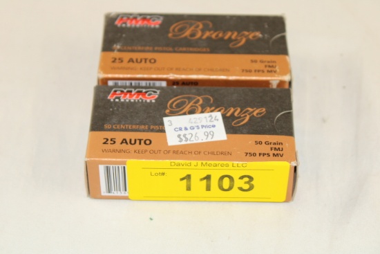 100 Rounds of PMC "Bronze" .25 Auto. 50 Gr. FMJ Ammo
